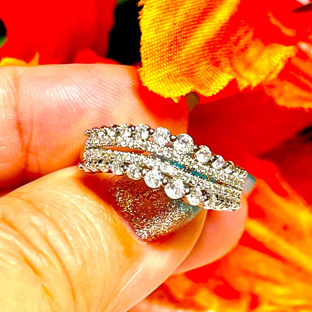 🦋💍 WAVE 4 ROW band ring-band rows/wide top narrow bottom cubic-plated